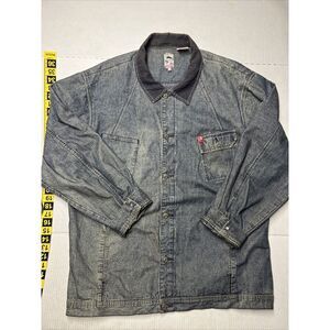 Mecca‎ Denim Jacket Men's 2XL Distressed Hip Hop Embroidered Button Up Blue Y2K